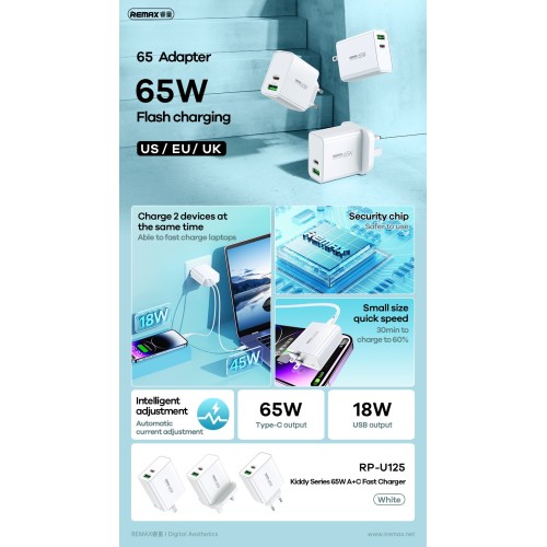 Įkroviklis Remax RP-U125 65W GaN USB-C/USB-A baltas