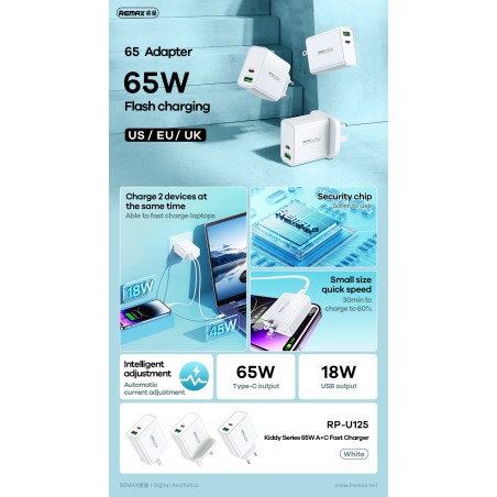 Įkroviklis Remax RP-U125 65W GaN USB-C/USB-A baltas