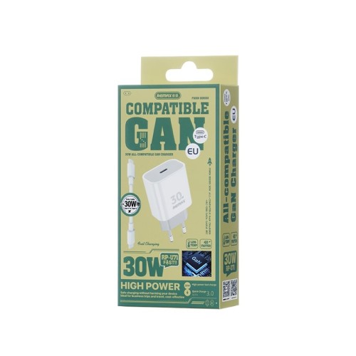 Įkroviklis Remax RP-U71 30W GaN USB-C + USB-C to USB-C cable 1.0m baltas