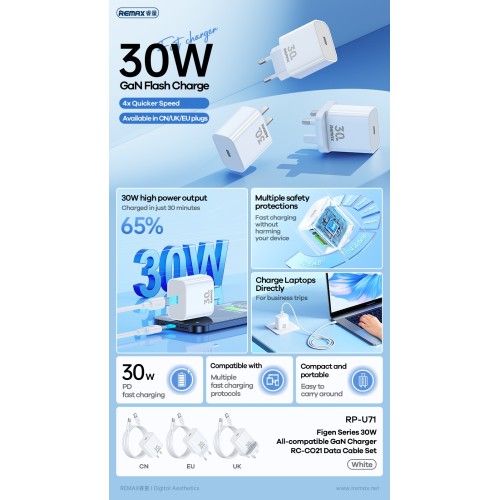 Įkroviklis Remax RP-U71 30W GaN USB-C + USB-C to USB-C cable 1.0m baltas