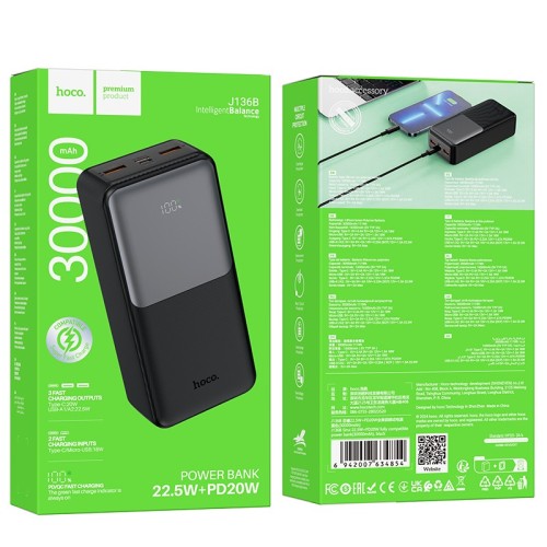Išorinė baterija Power Bank Hoco J136B 22.5W+PD20W 30000mAh juoda
