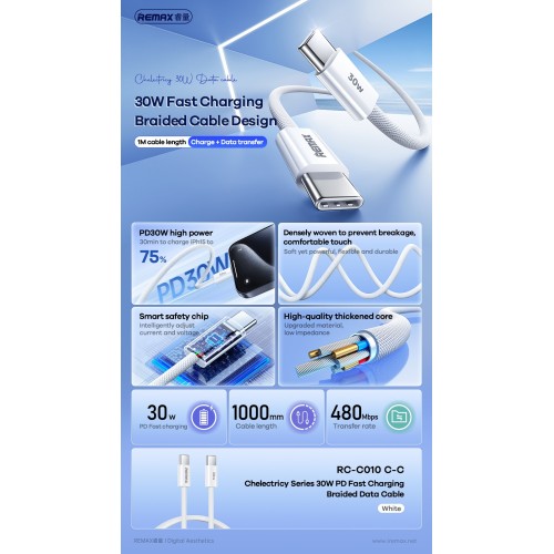 USB kabelis Remax RC-C010 USB-C to USB-C 30W 1.0m baltas