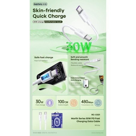 USB kabelis Remax RC-C021 USB-C to USB-C 30W 1.0m baltas