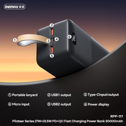 Išorinė baterija Power Bank Remax RPP-117 22.5W 50000mAh juoda