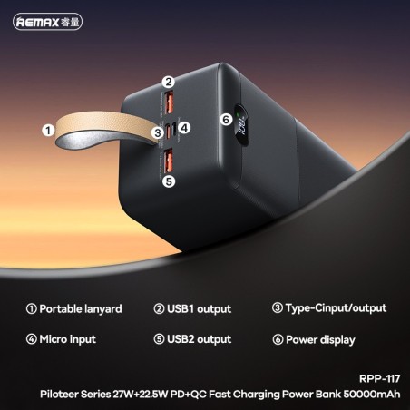Išorinė baterija Power Bank Remax RPP-117 22.5W 50000mAh juoda