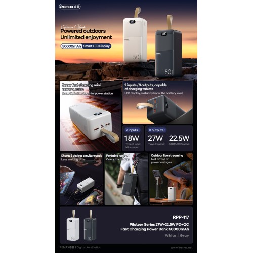 Išorinė baterija Power Bank Remax RPP-117 22.5W 50000mAh juoda