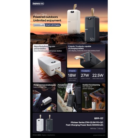 Išorinė baterija Power Bank Remax RPP-117 22.5W 50000mAh juoda