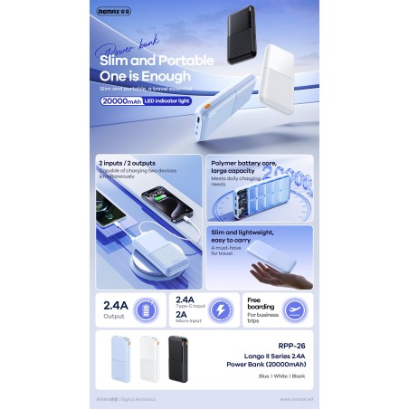 Išorinė baterija Power Bank Remax RPP-26 12W 20000mAh juoda