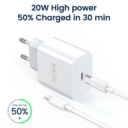 Įkroviklis Jellico AK180 20W USB-C + USB-C to Lightning cable 1.0m baltas
