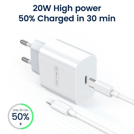 Įkroviklis Jellico AK180 20W USB-C + USB-C to Lightning cable 1.0m baltas