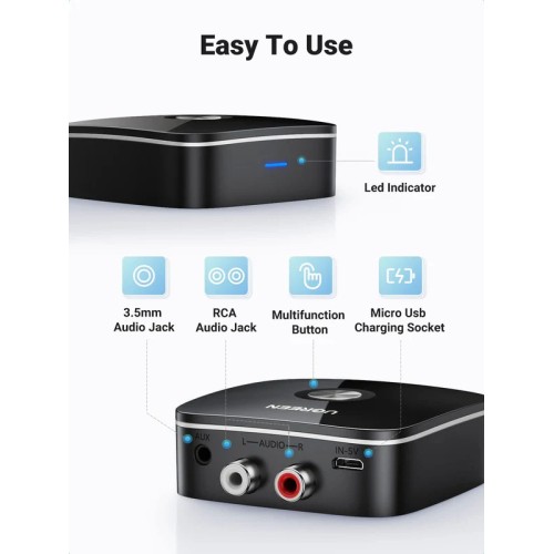 Bluetooth adapteris imtuvas Ugreen CM123 2xRCA/AUX Bluetooth 5.0 juodas (30445)