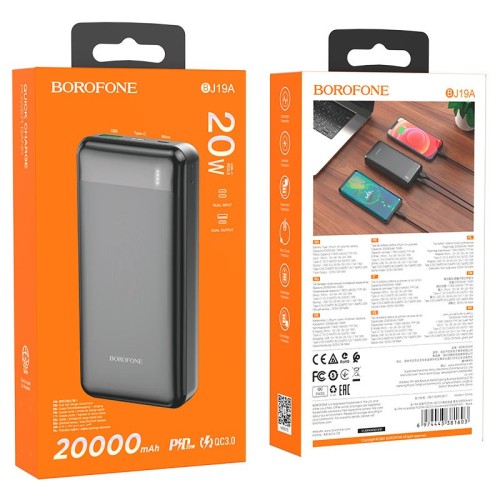 Išorinė baterija Power Bank Borofone BJ19A Type-C PD 20W+Quick Charge 3.0 20000mAh juoda
