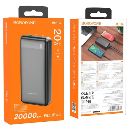 Išorinė baterija Power Bank Borofone BJ19A Type-C PD 20W+Quick Charge 3.0 20000mAh juoda