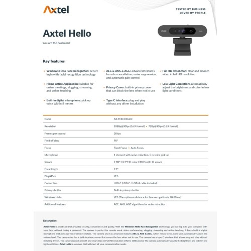 WEB kamera Axtel AX-FHD Webcam Hello