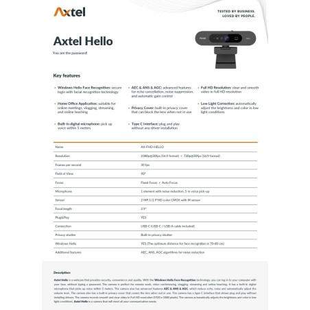 WEB kamera Axtel AX-FHD Webcam Hello