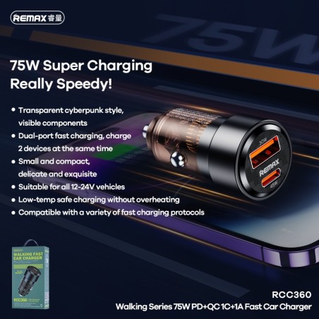 Automobilinis įkroviklis Remax RCC360 75W USB-C/USB-A juodas