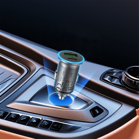 Automobilinis įkroviklis Acefast B15 65W USB-C/USB-A pilkas