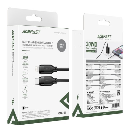 USB kabelis Acefast C16-01 USB-C to Lightning 1.2m juodas