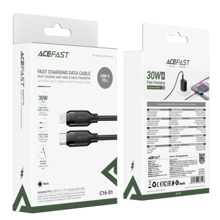 USB kabelis Acefast C16-01 USB-C to Lightning 1.2m juodas