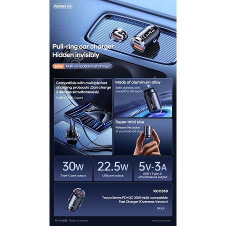 Automobilinis įkroviklis Remax RCC359 30W USB-C/USB-A juodas