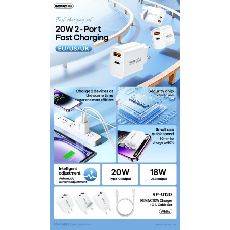 Įkroviklis Remax RP-U120 20W USB-C/USB-A + USB-C to Lightning cable 1.0m baltas