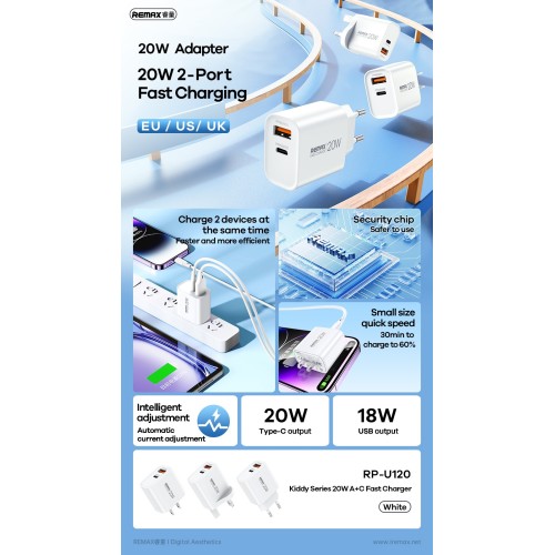 Įkroviklis Remax RP-U120 20W USB-C/USB-A baltas