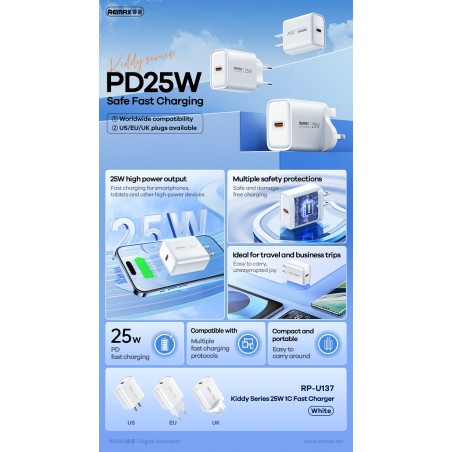 Įkroviklis Remax RP-U137 25W USB-C baltas