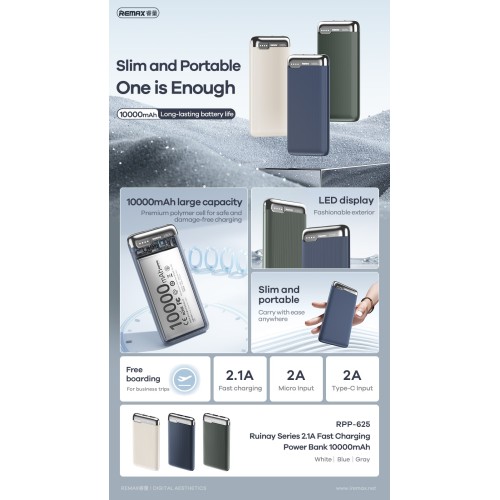 Išorinė baterija Power Bank Remax RPP-625 10000mAh mėlyna