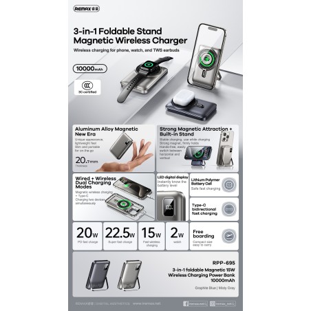 Išorinė baterija Power Bank Remax RPP-695 15W MagSafe 10000mAh pilka